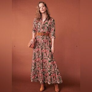 Sezane Delphina Maxi Dress Floral Print Button Up Long Sleeves Collared Size 36